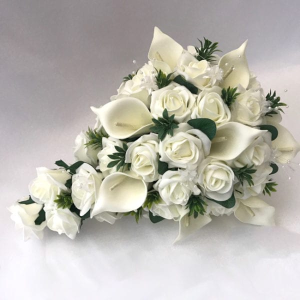 Artificial wedding flowers brides teardrop bouquet Calla Lillies and Roses
