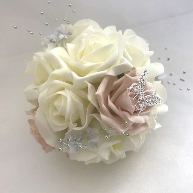 BABY PINK & GREY ROSES FLOWERGIRLS POSY ARTIFICIAL WEDDING FLOWERS CRYSTALS 