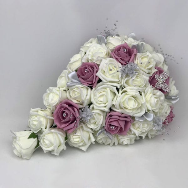 Artificial wedding flowers brides teardrop bouquet - roses and butterfly