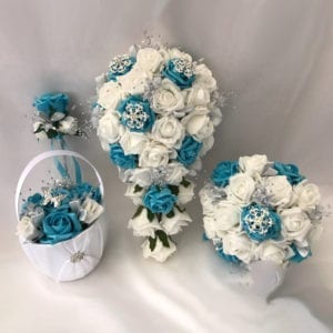 Artificial wedding flowers brides teardrop bouquet - roses and butterfly Teal