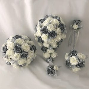 Artificial wedding flowers brides teardrop bouquet - Roses and Silver Berries