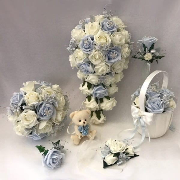 Artificial wedding flowers brides teardrop bouquet - Roses and Snowflakes