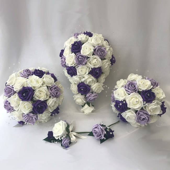 Wedding Flowers Ivory/Lilac Crystal Bouquet Bride/Bridesmaids/Buttonholes 