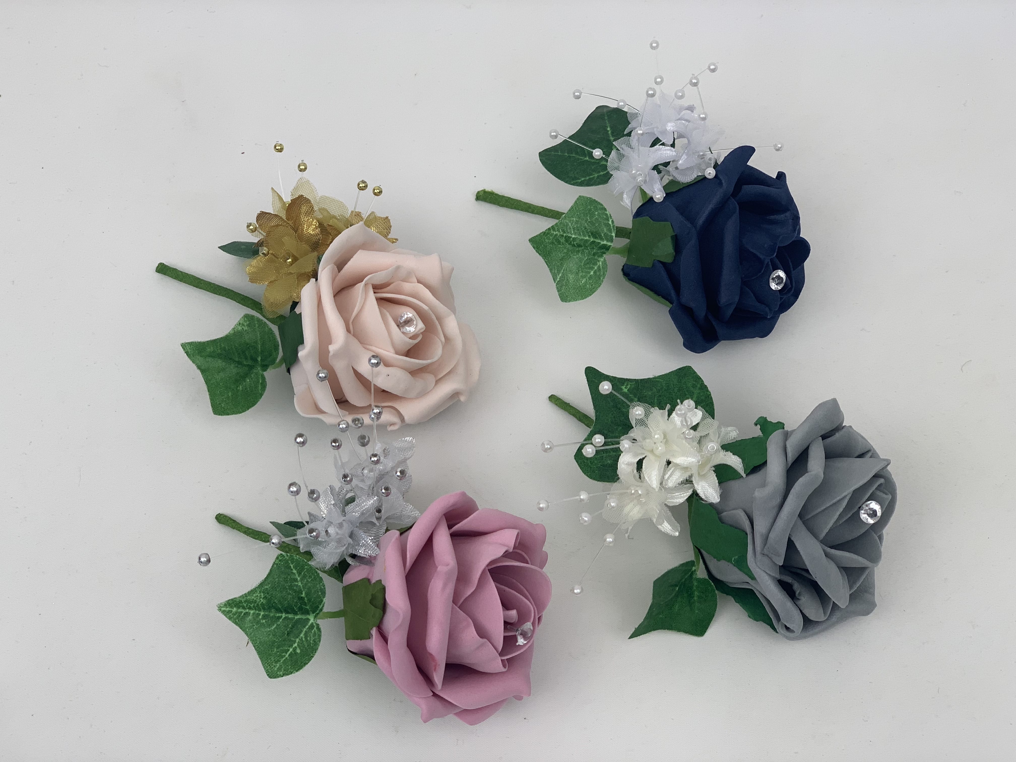 Foam Rose Buttonholes  rose leaf ~ Lapel & Diamante Pin Made To Order IVORY C 