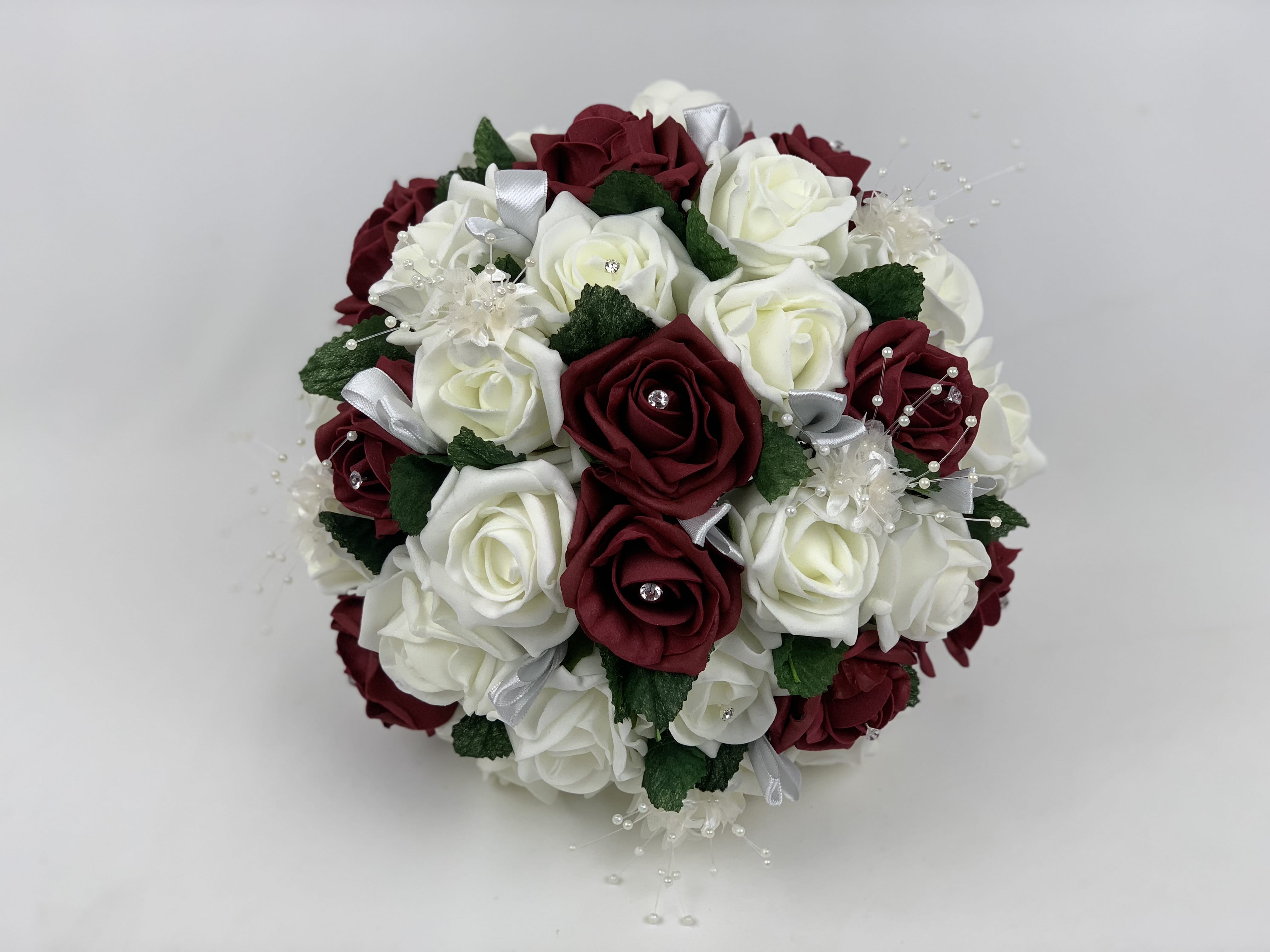 flowers wedding ivory & burgundy roses Brides drop bouquet 