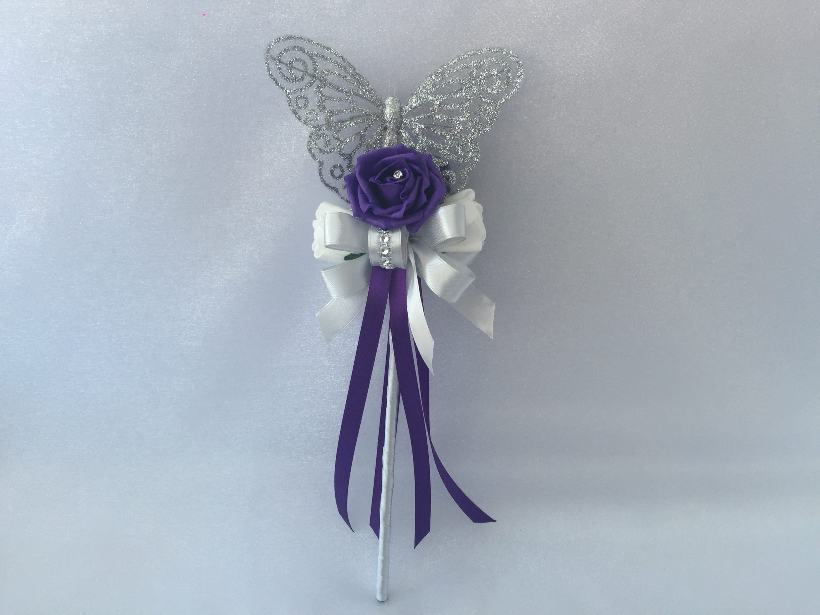Purple & Light Pink Rose Silver Butterfly Wand Flower Girl Bridesmaid Wedding 