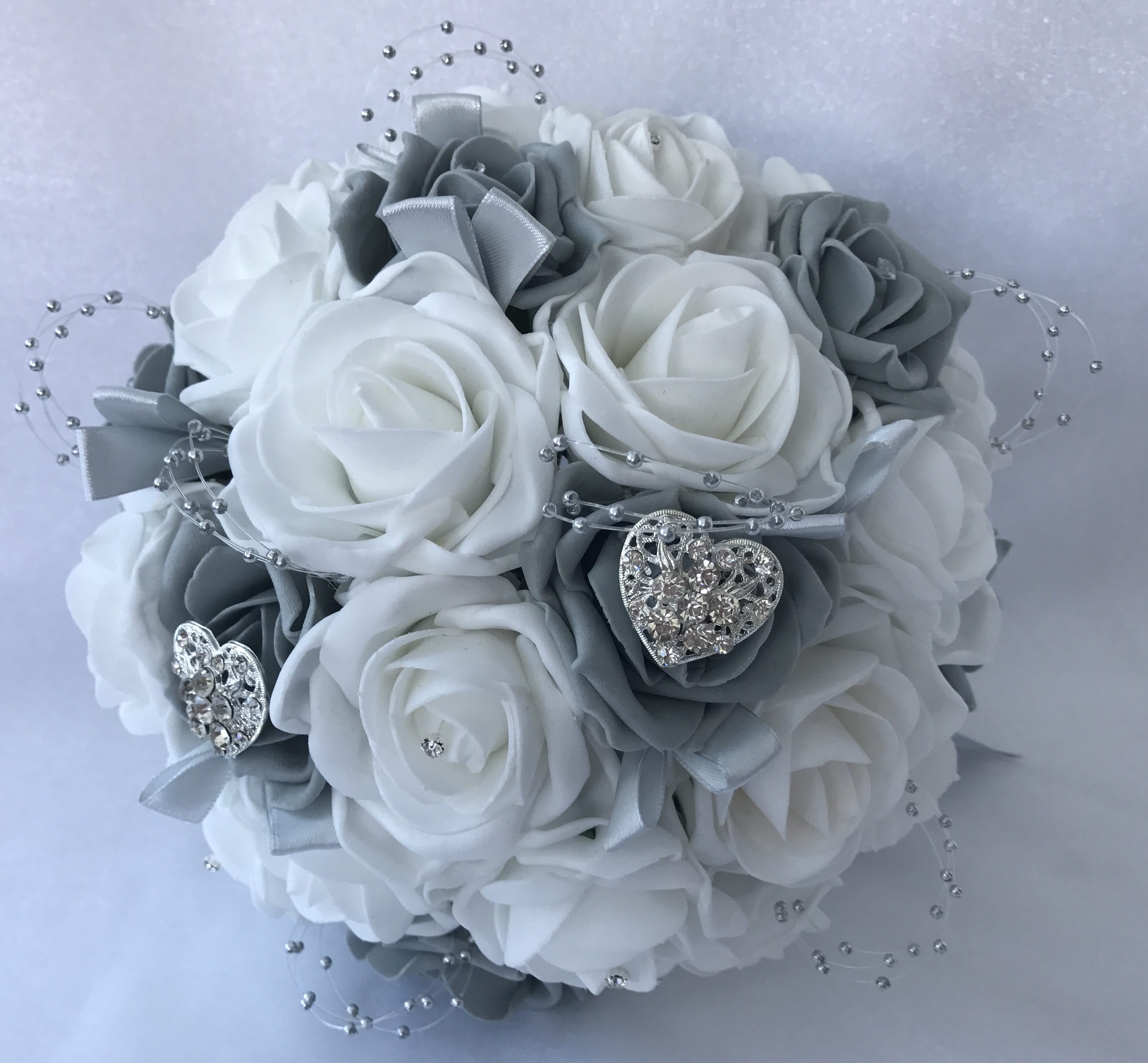 WHITE & GREY ROSES BRIDES POSY BOUQUET ARTIFICIAL WEDDING FLOWERS RED
