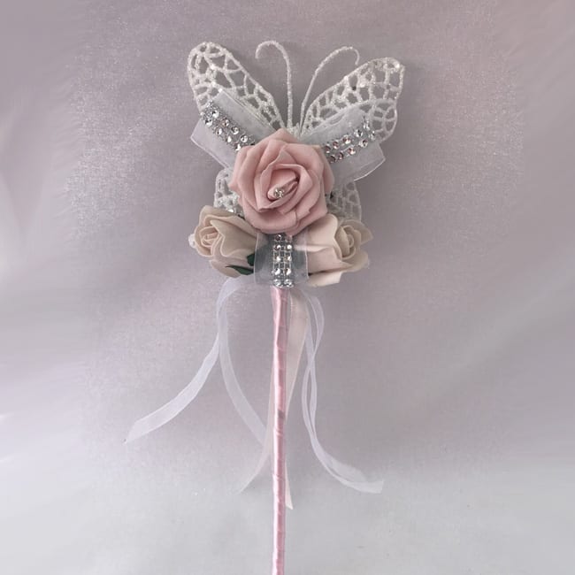 RED Ivory Wedding Flowers Bridesmaids Bouquet Wands Silver Butterfly Wand 