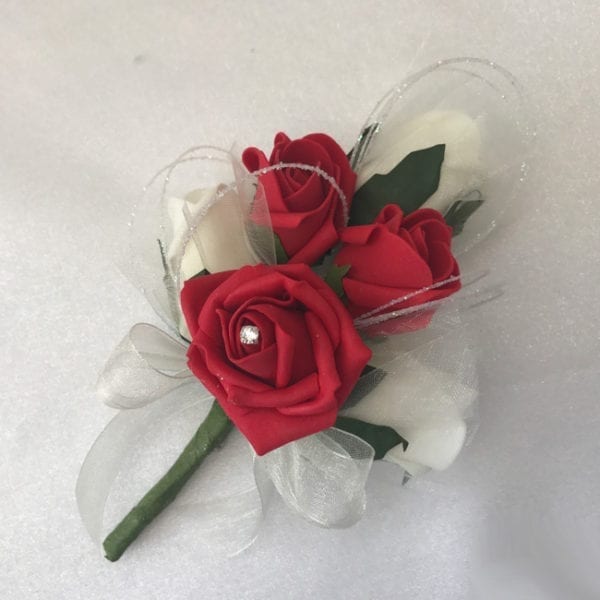 Artificial Ladies Buttonhole Wedding Corsage Glitter Hoops Diamante Red