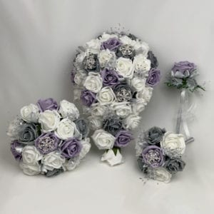 Artificial Wedding Flowers Package Brooches Roses 3 Colours Purple and Grey