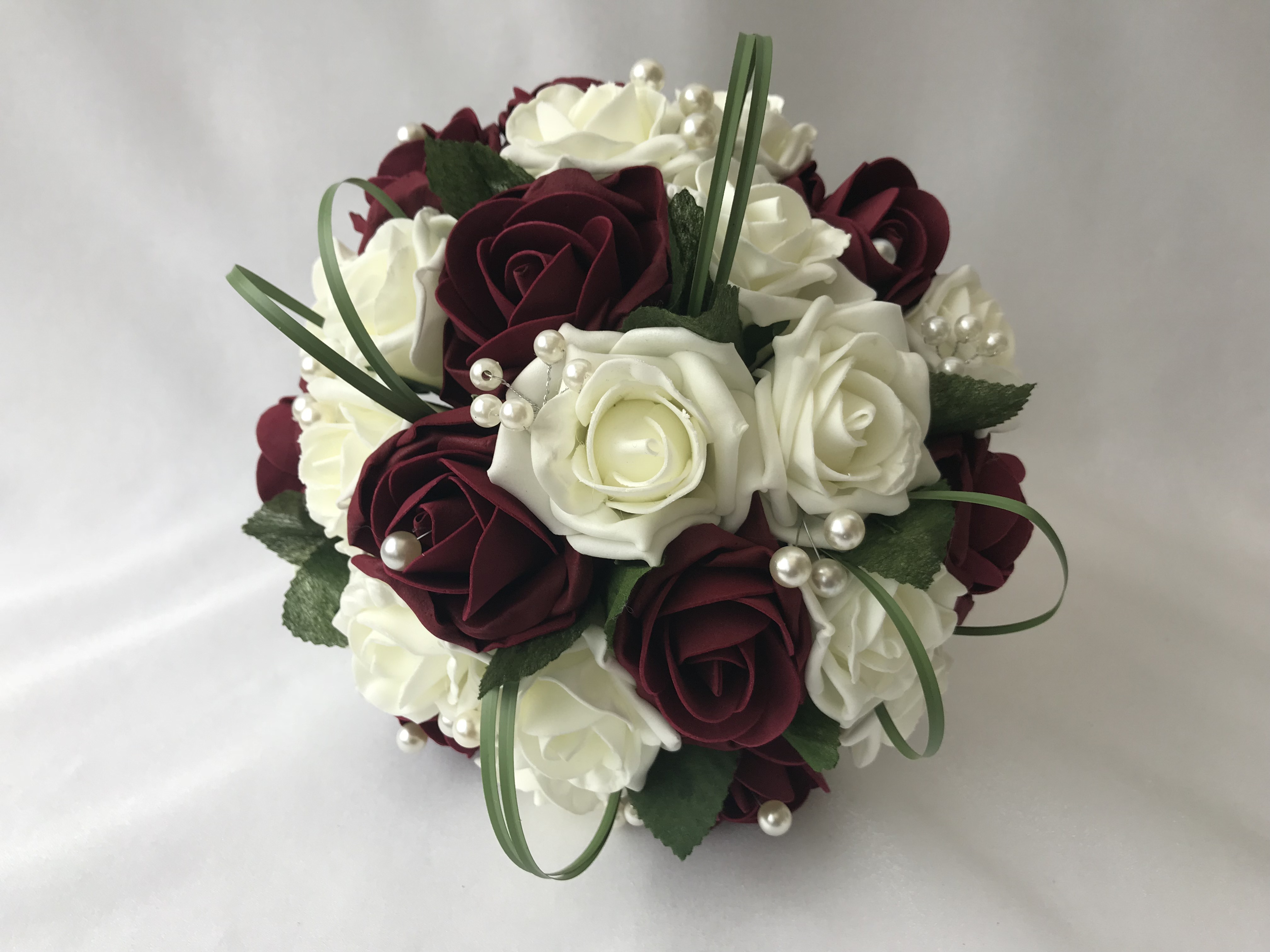 WHITE & GREY ROSES BRIDES POSY BOUQUET ARTIFICIAL WEDDING FLOWERS RED