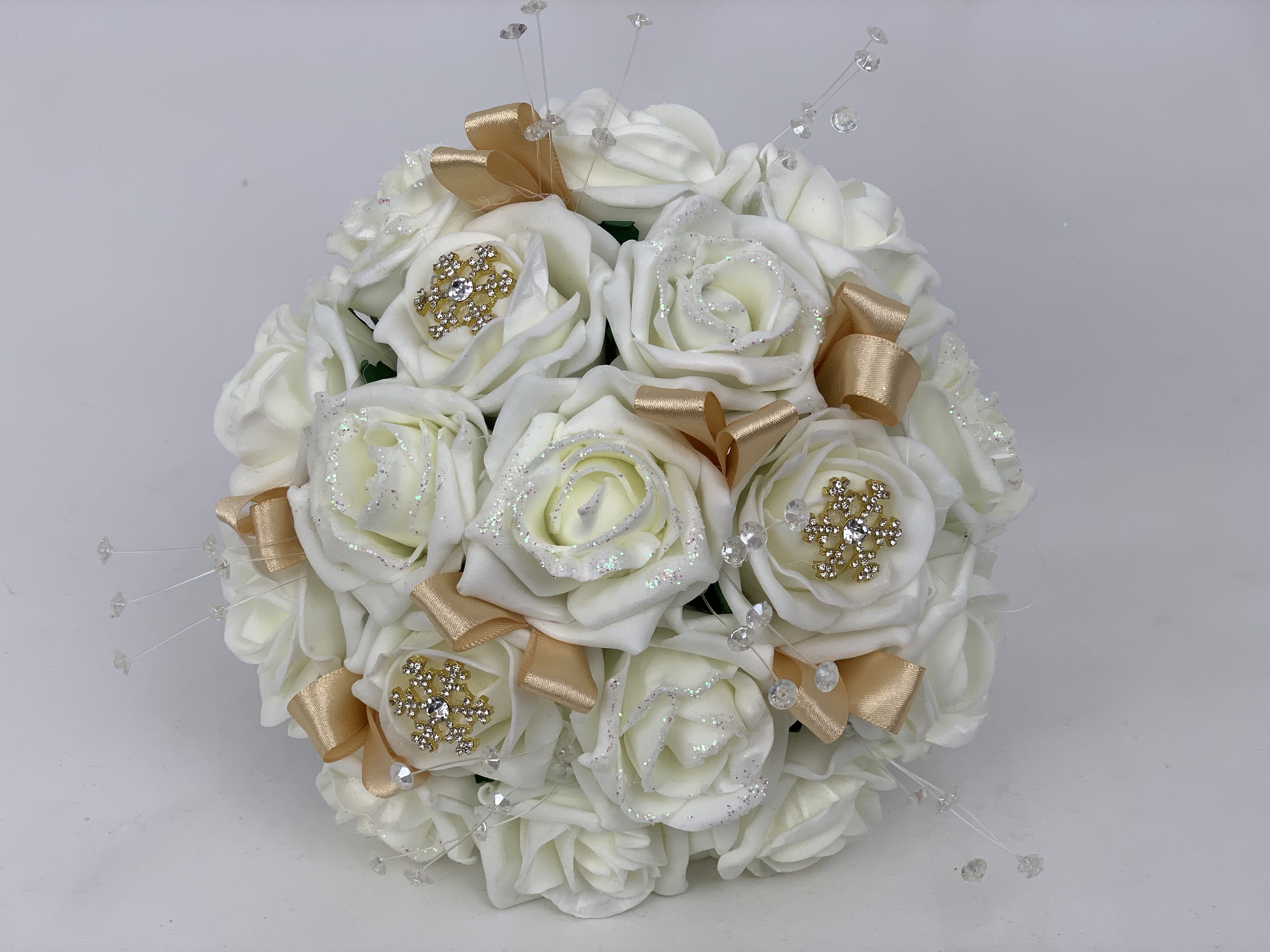 Wedding Flowers White Rose Snowflake posy Bride Bridesmaid Flower Girl Wand Gold 