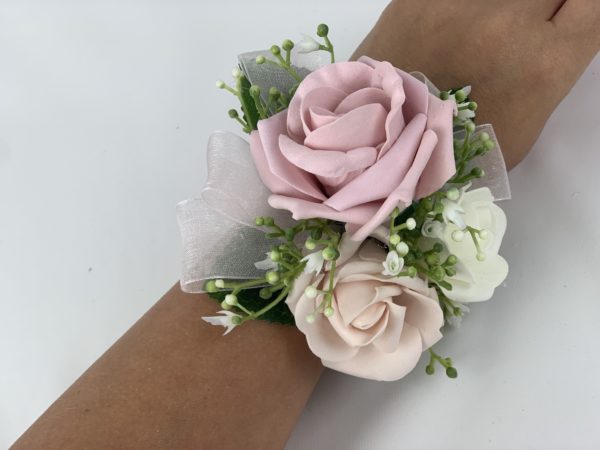 wrist corsage with roses & gypsophila