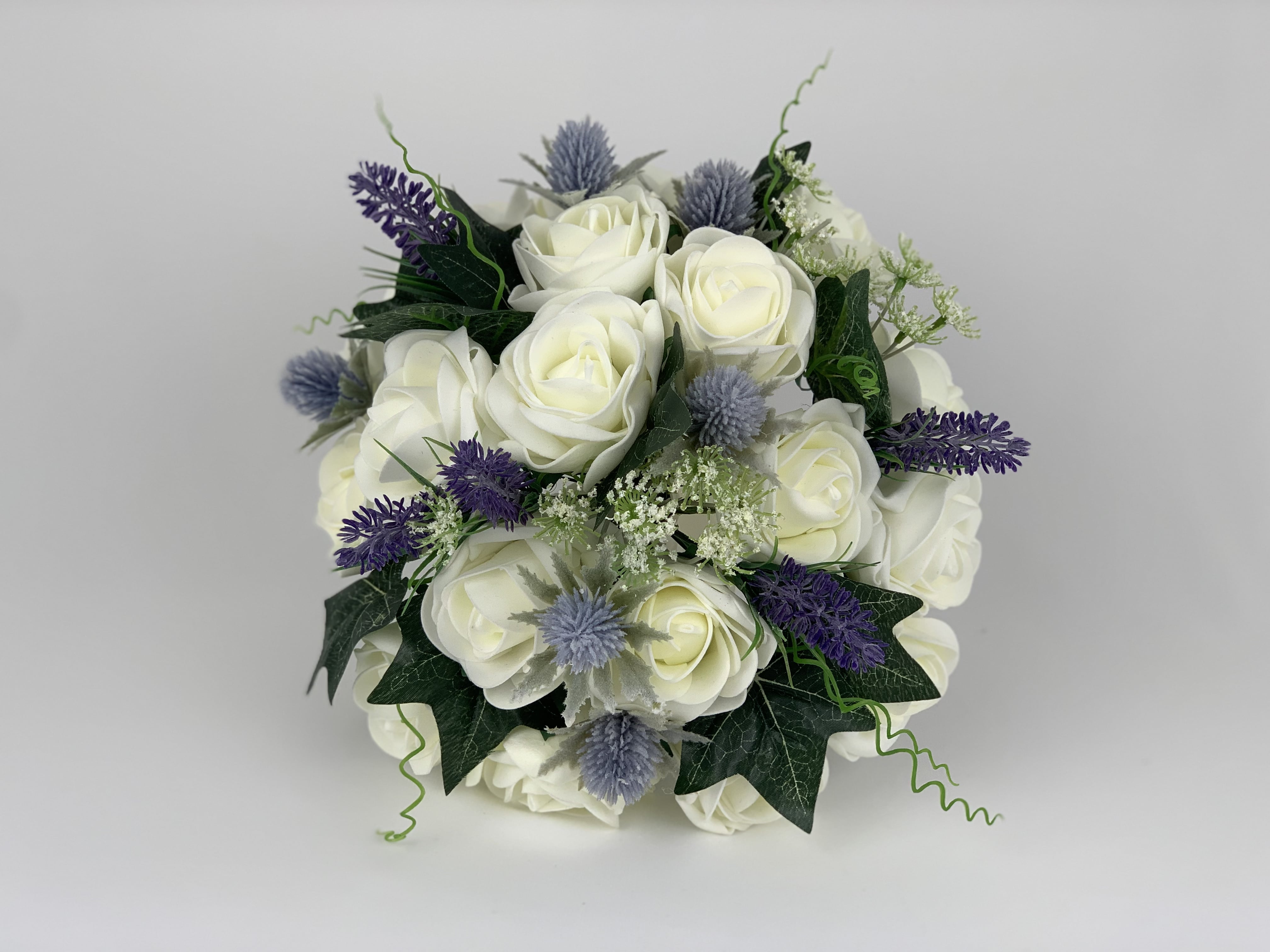 Scottish Wedding  Bridal Posy Bouquet  Thistle & Purple White &  Yellow Roses 