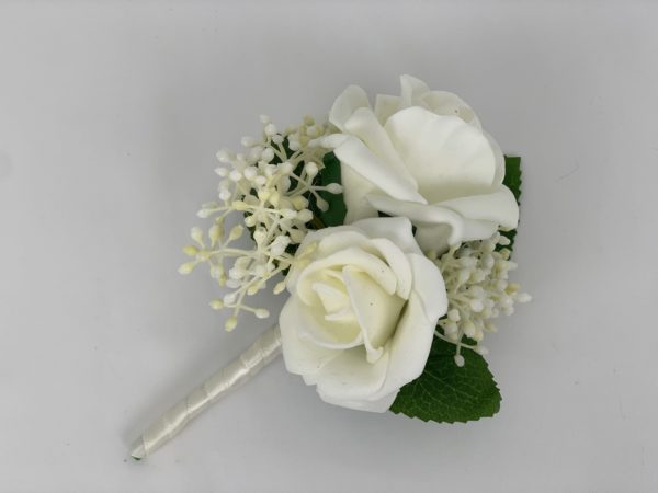 Artificial  Buttonhole Wedding Corsage Double  Rose Ribbon Berries