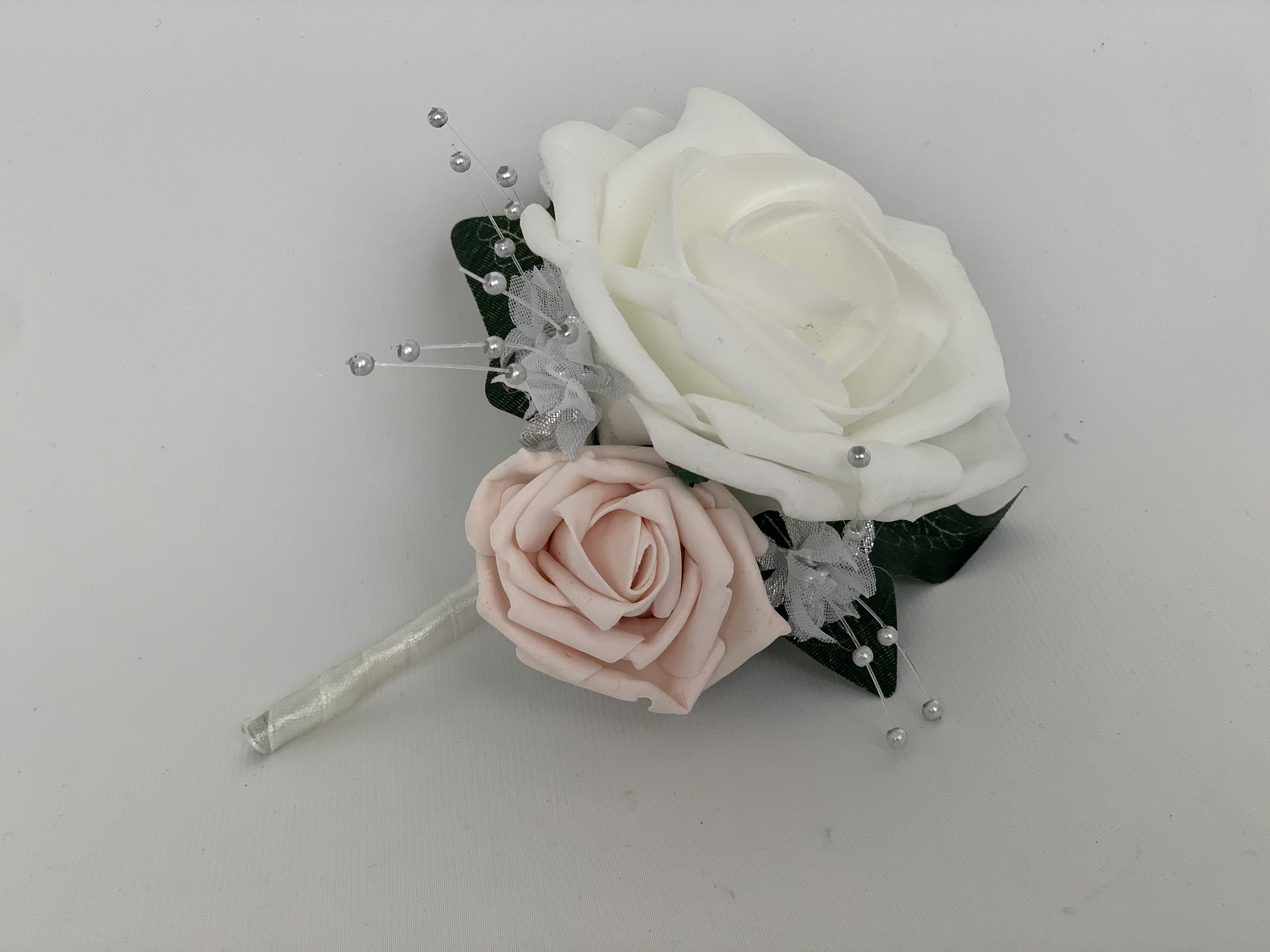 PINK Wedding Bridal Guests Ladies Double Buttonhole Diamante Silver Leaves 