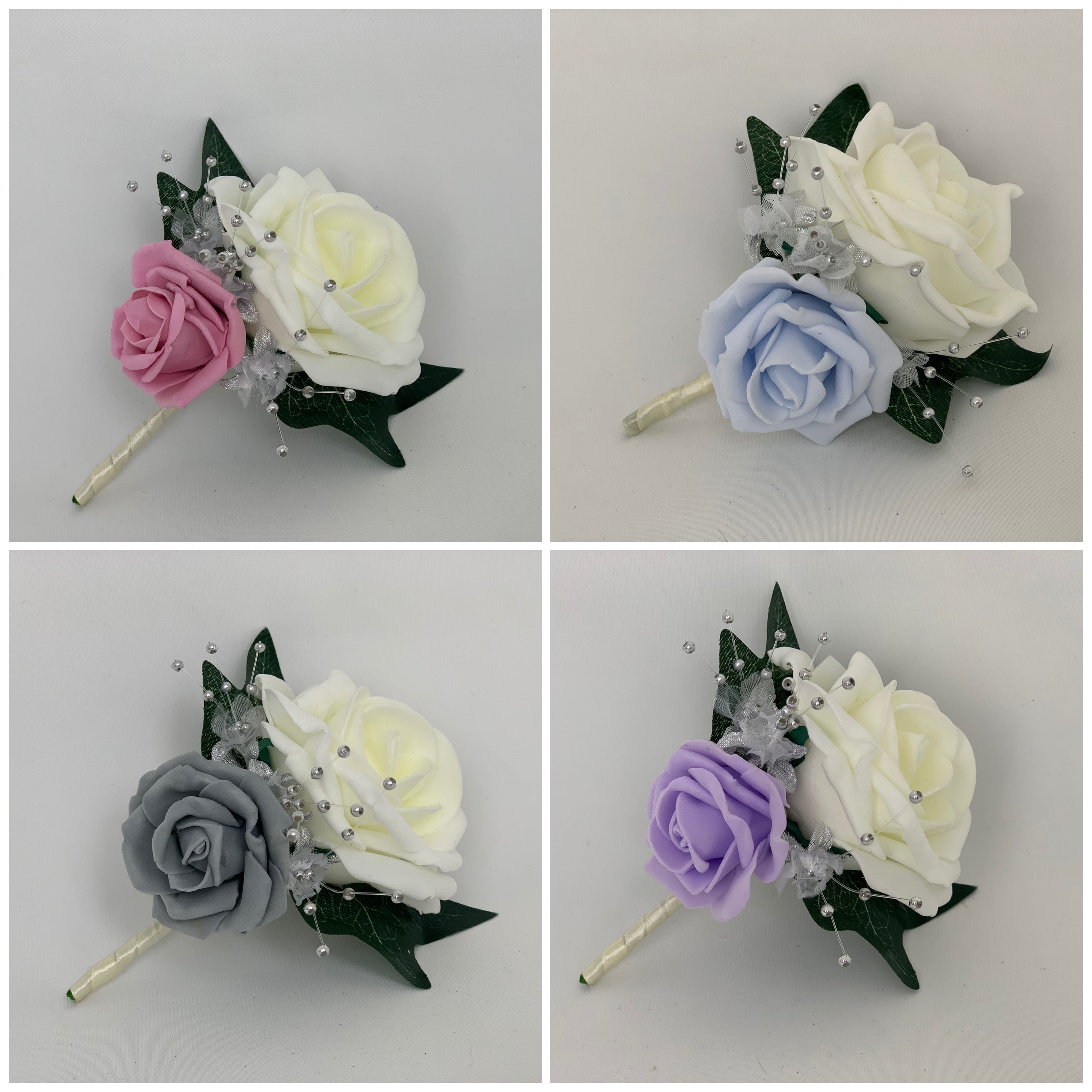 Crystal Artificial Ivory Rose Double Buttonhole Corsage Wedding Flower Package 
