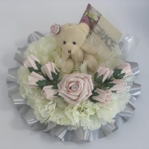 Small Artificial Silk Funeral Flowers Posy with Teddy Bear