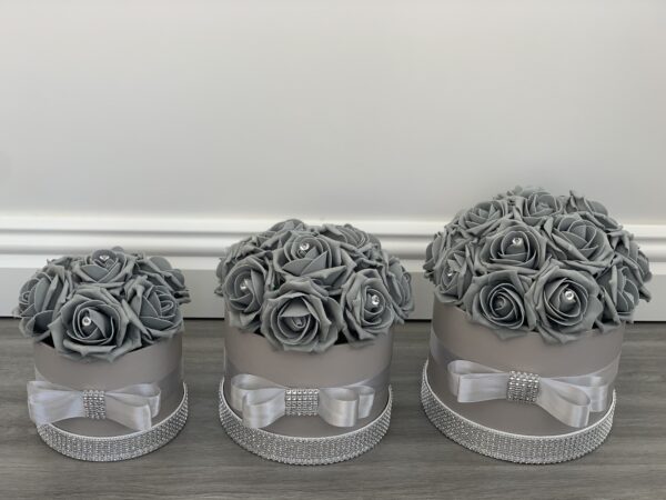Artificial Flower Hat Box Silver Grey Diamante