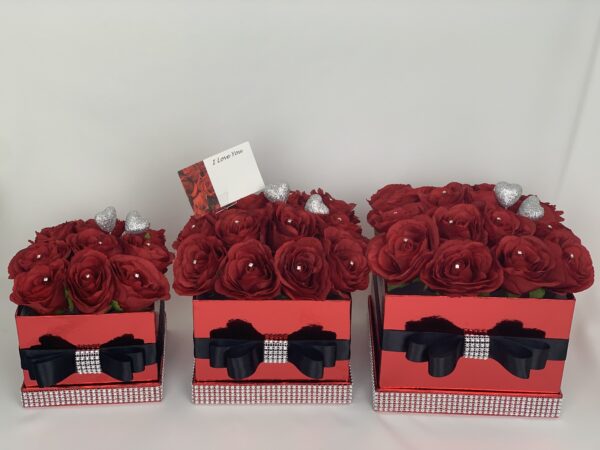 Artificial Flower Hat Box Red Diamante Square Valentines Day