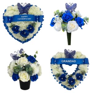 Artificial grave pot flowers funeral heart royal blue
